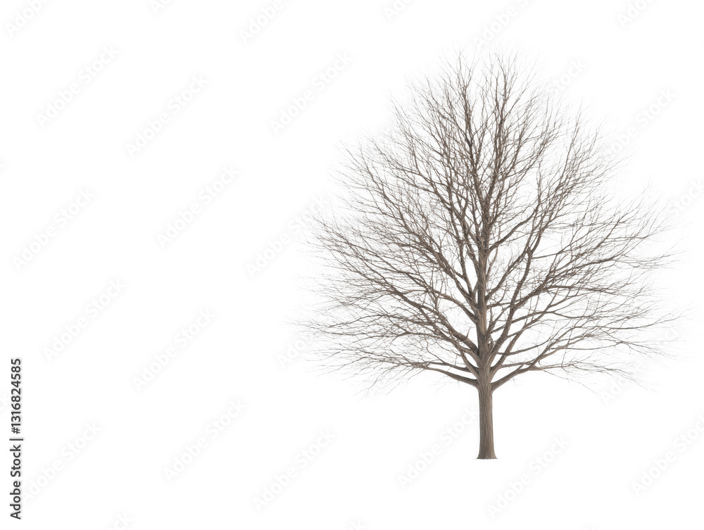 Fototapeta premium A tree with no leaves is standing in front of a white background. The tree is bare and has no leaves, giving it a desolate and lonely appearance