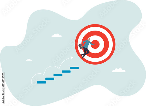 Step or progress to success and reach goal target, leadership to improve personal development, ladder or staircase to achieve goal,character for design