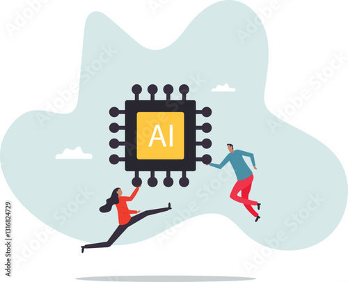 Embrace AI, Artificial Intelligence adoption, user or people who use AI to help and support work success,character for design