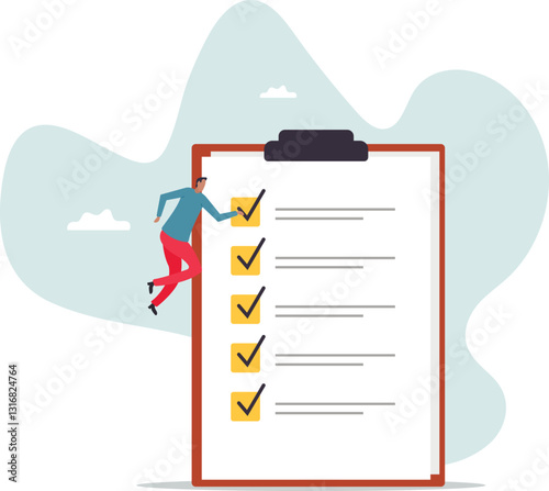 Complete checklist or finishing checkbox, task done within deadline, complete tasks list or project,business concept.character for design