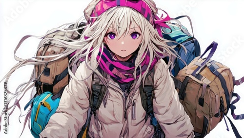 Adventurous girl with backpacks and vibrant hair ready for exploration