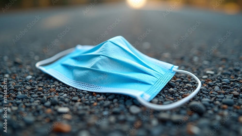 Discarded Blue Face Mask on Gravel Road During Sunset