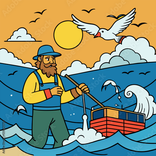 Fisherman-hauling-in-a catch on a stormy sea near.