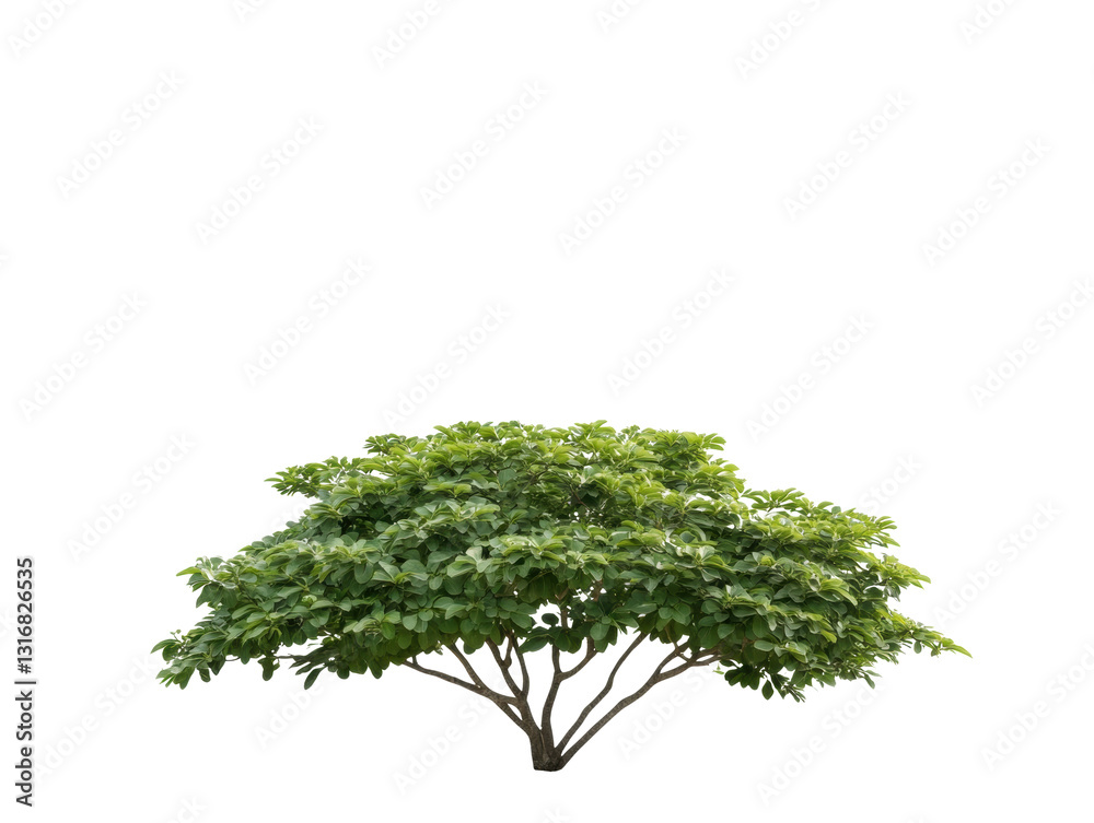 Fototapeta premium A large tree with green leaves is standing alone on a white background. The tree is the main focus of the image, and it is a symbol of growth and life