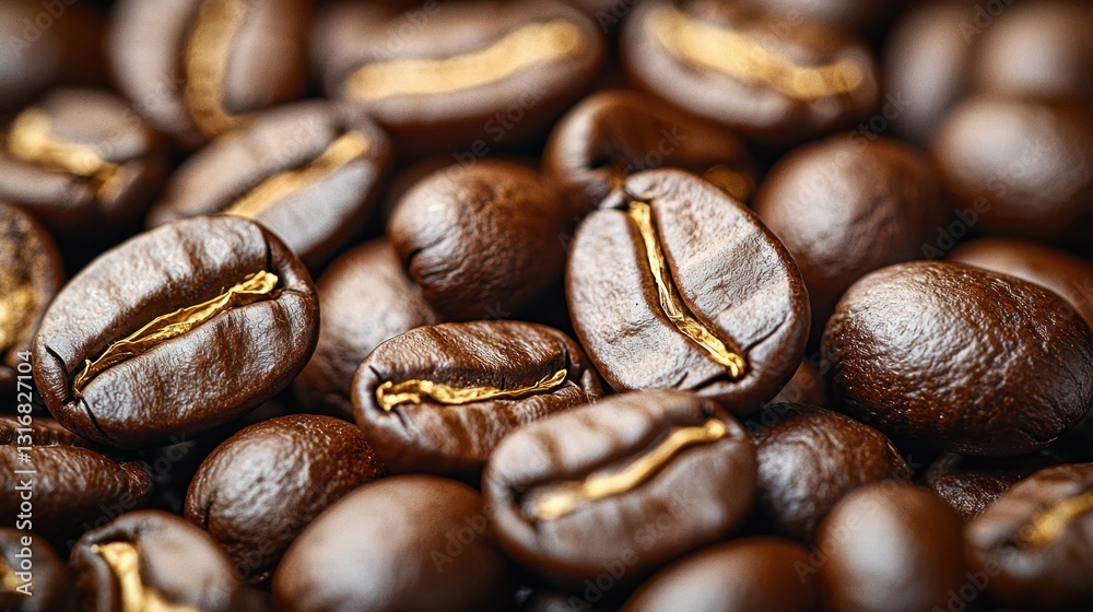 Fototapeta premium Close-up coffee beans, roasted, dark brown, golden highlights