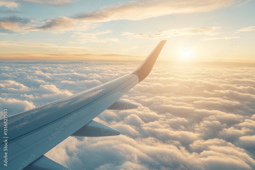 Obraz premium Serene View of Airplane Wing Above Fluffy Clouds During Sunset