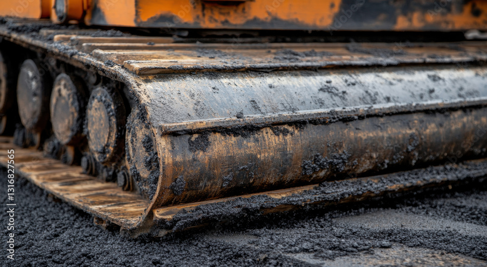 Close-up of heavy machinery's track showing asphalt being compacted on a construction site during daylight hours Close-up of heavy machinery's track showing asphalt being compacted on a construction site during daylight hours
