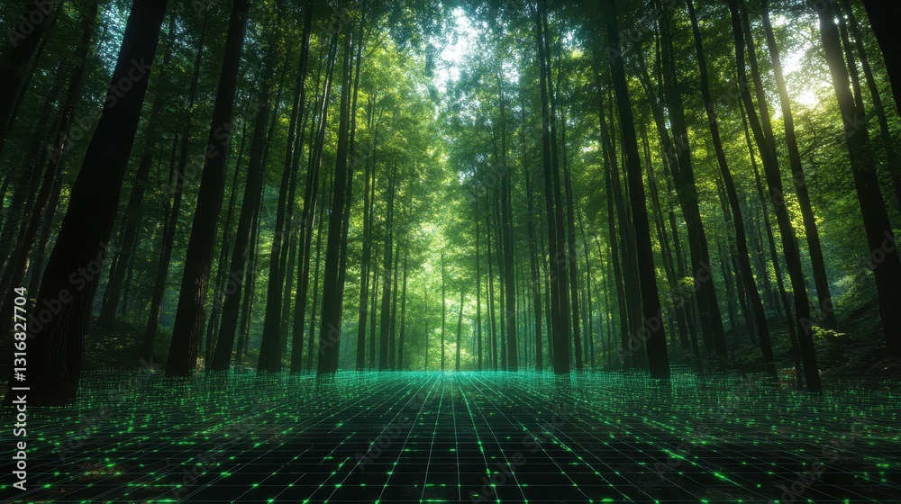 Naklejka premium Lush green forest path with glowing grid overlay. Ideal for tech, nature, or environmental projects.