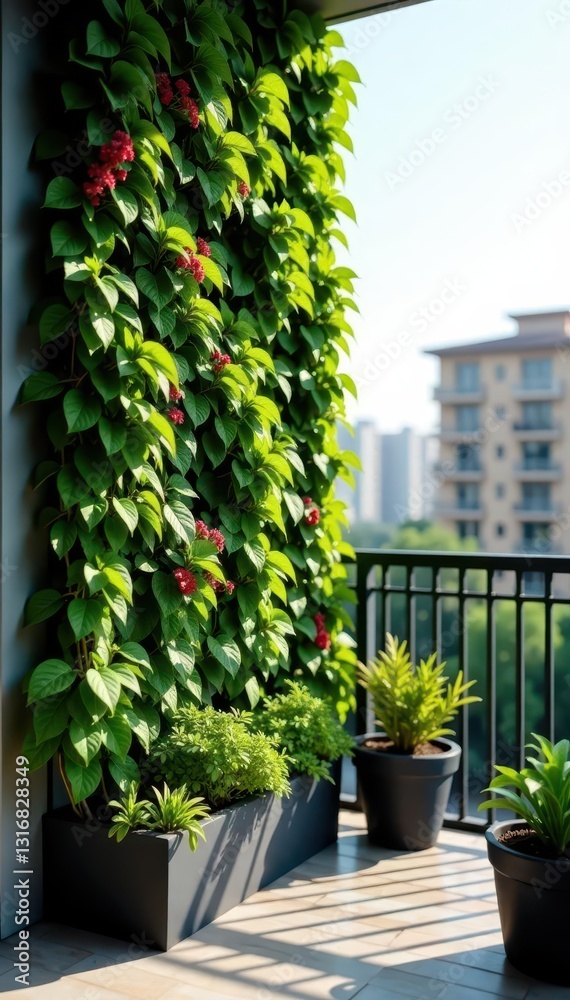 Fototapeta premium Vertical garden wall, sunlit apartment balcony, balcony, sky