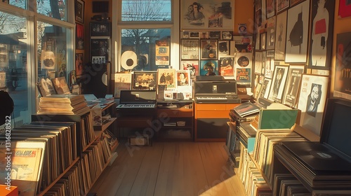 Sunlit vintage record store interior with vinyl records, posters, and musical instruments.