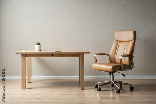 A minimalist desk with a beige leather chair and a small wooden side table, wooden side table, modern office, desk, minimalist decor, leather chair