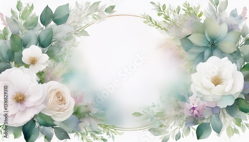 A dreamy floral watercolor frame with lush greenery and soft white roses. The center is open, ideal for wedding stationery, branding, and announcement cards.