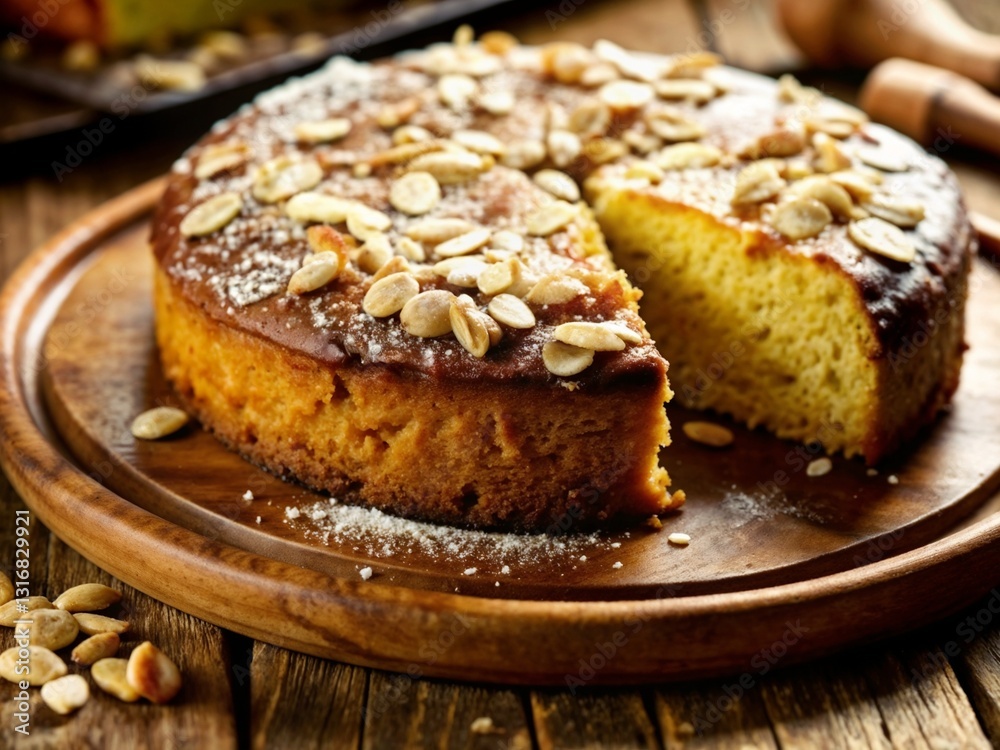 Delicious almond cake sliced and topped with nuts on a wooden plate, dessert treat Delicious almond cake sliced and topped with nuts on a wooden plate, dessert treat
