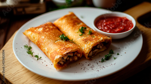 Two golden-brown breaded crepes (Krokiety) filled with mushroom and cabbage, neatly placed on a white plate with a side of red borsch photo