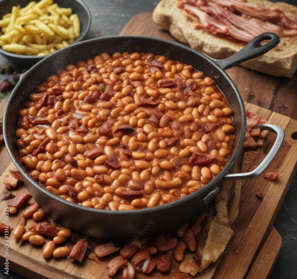 A pan of baked beans with sizzling bacon on the stovetop, comfort food classic, home cooking, savory dish A pan of baked beans with sizzling bacon on the stovetop, comfort food classic, home cooking, savory dish