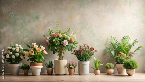 A serene arrangement of potted plants and flowers, showcasing diverse blossoms and foliage, displayed on a wooden surface against a textured wall.