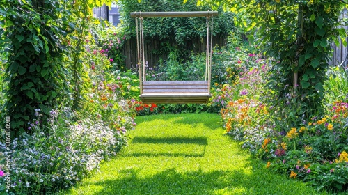 Wooden swing in a vibrant flower garden backyard photo