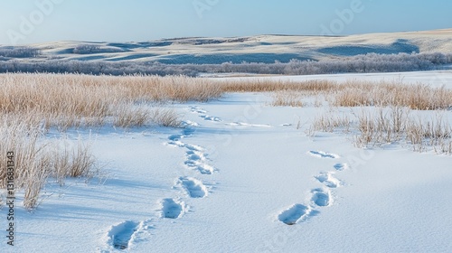 Wallpaper Mural Footprints leading through snowy field with frozen grass and hills Torontodigital.ca