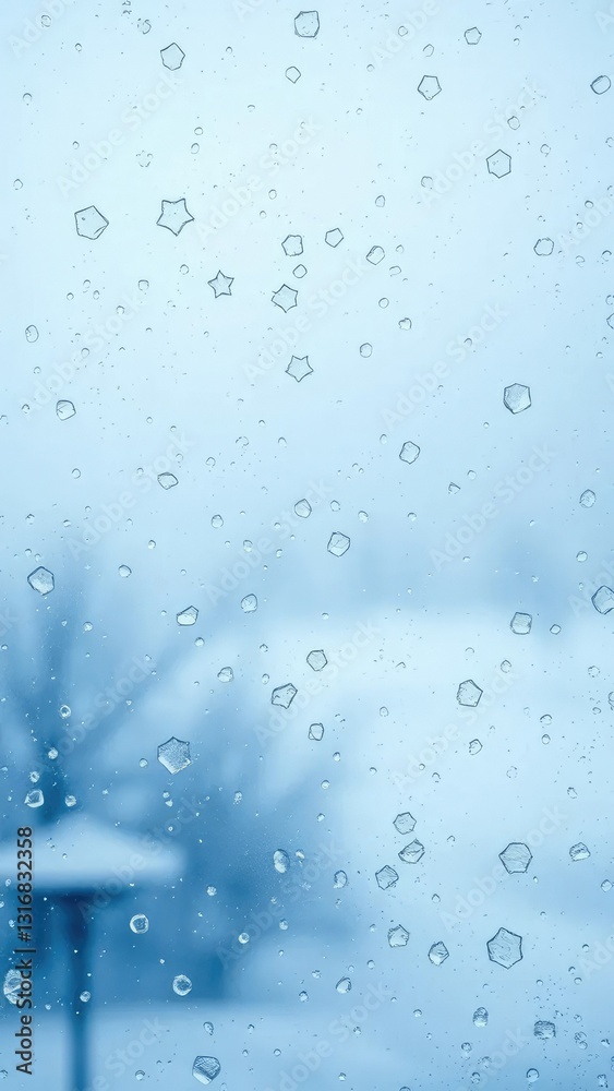Fototapeta premium Clear spot on frosted window reveals icy blue winter landscape with foggy atmosphere, frozen world, wintry sky, snowflake