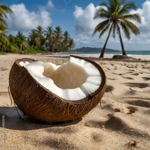 Wallpaper Mural  A single coconut half resting on the sand with the ocean and palm trees in the distance. Torontodigital.ca