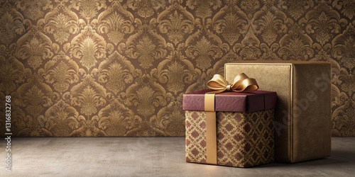 Elegant Gift Boxes on a Luxurious Background Featuring Intricate Gold and Brown Design