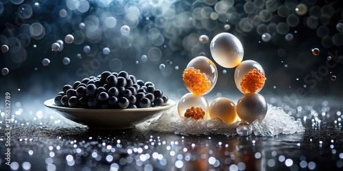 A Culinary Symphony of Dark Berries and Amber Delights, Suspended in a Frozen Moment of Gastronomic Elegance