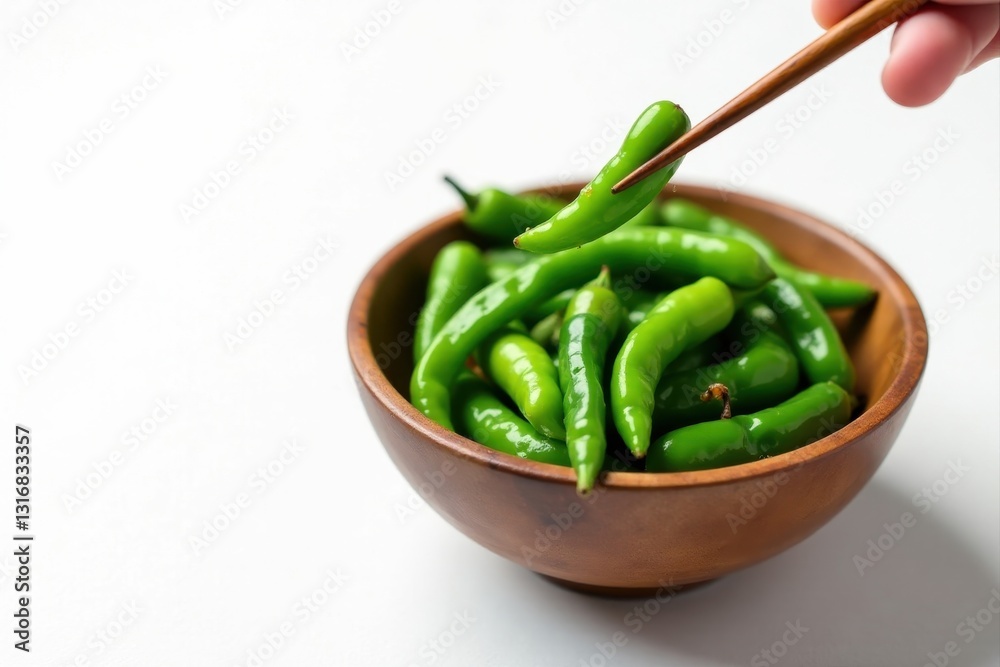 A wooden bowl brimming with vibrant green chili peppers, one being delicately lifted with chopsticks, a simple yet striking culinary image. A wooden bowl brimming with vibrant green chili peppers, one being delicately lifted with chopsticks, a simple yet striking culinary image.