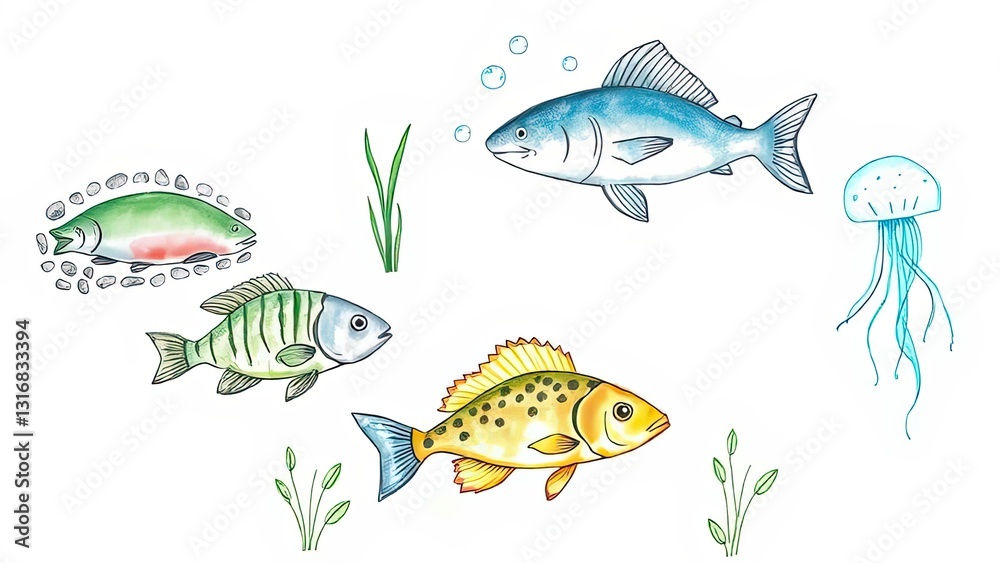 Naklejka premium Colorful Underwater Scene Fish Jellyfish Aquatic Plants