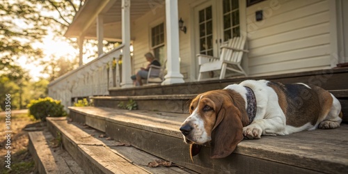 Relaxing dog on front porch cozy house photography warm evening light tranquil atmosphere