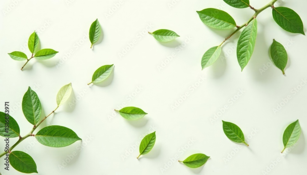 Delicate Acacia leaves scattered on a white surface, foliage, nature, flora Delicate Acacia leaves scattered on a white surface, foliage, nature, flora