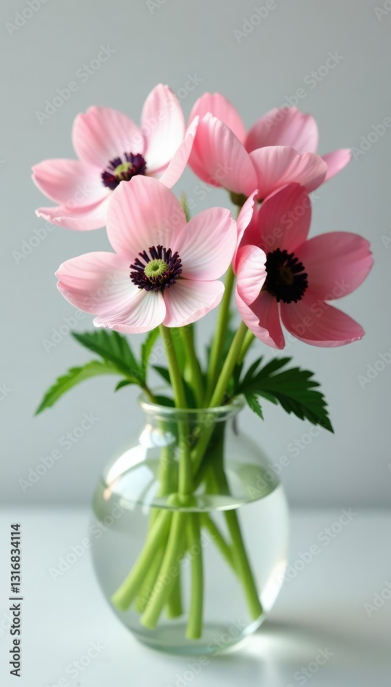 Delicate anemone flowers in a clear glass vase, floral, pastel Delicate anemone flowers in a clear glass vase, floral, pastel
