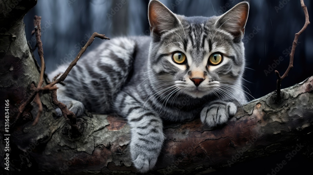 Obraz premium branch grey striped cat