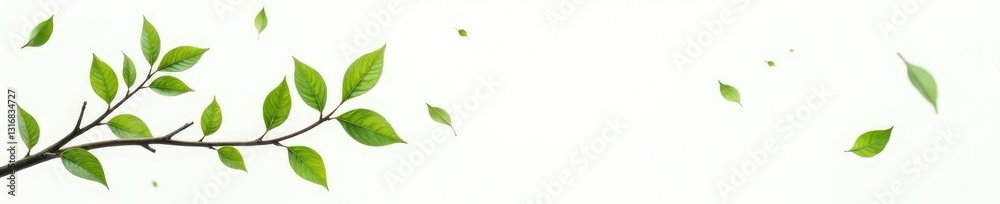 Delicate branches with green leaves isolated on white background, branches, earthy Delicate branches with green leaves isolated on white background, branches, earthy