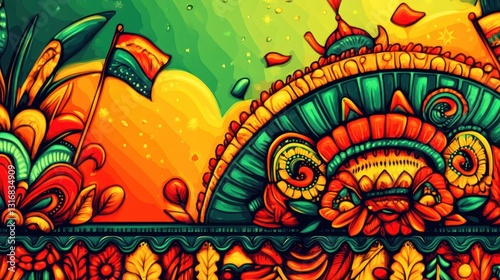 Cinco de Mayo celebration folk concept. A vibrant, colorful illustration featuring abstract patterns, floral elements, and a flag against a bright background, evoking a lively atmosphere.