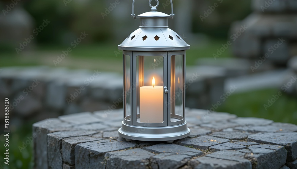 Plain White Lantern with Metallic Finish on Stone Slab Plain White Lantern with Metallic Finish on Stone Slab