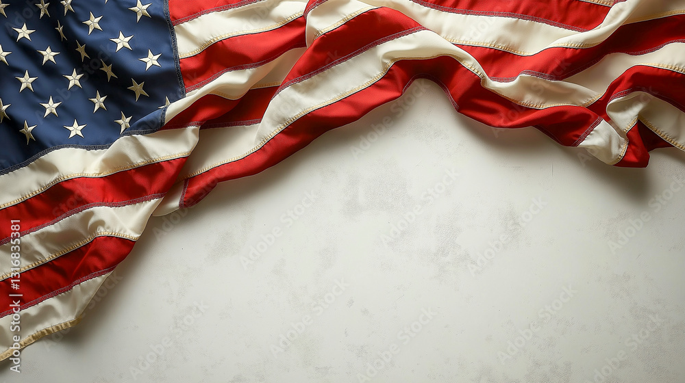 Obraz premium Flag of the United States displayed flat on a clean white surface, showcasing its vibrant colors and iconic design, emphasizing patriotism