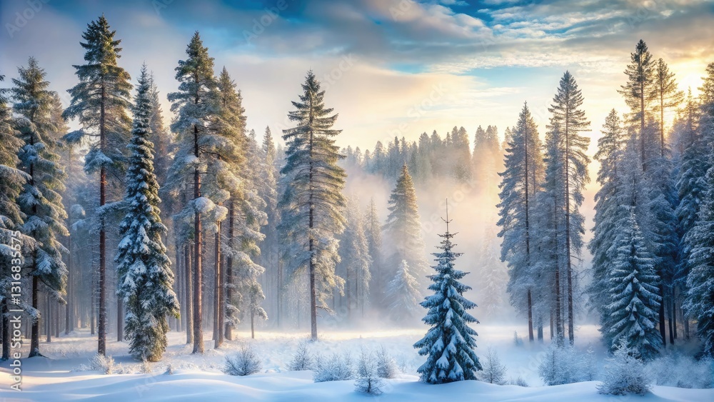 Obraz premium A snow-covered forest with tall pine trees and a misty atmosphere on a cold winter morning, evergreen trees, winter wonderland, cold winter morning