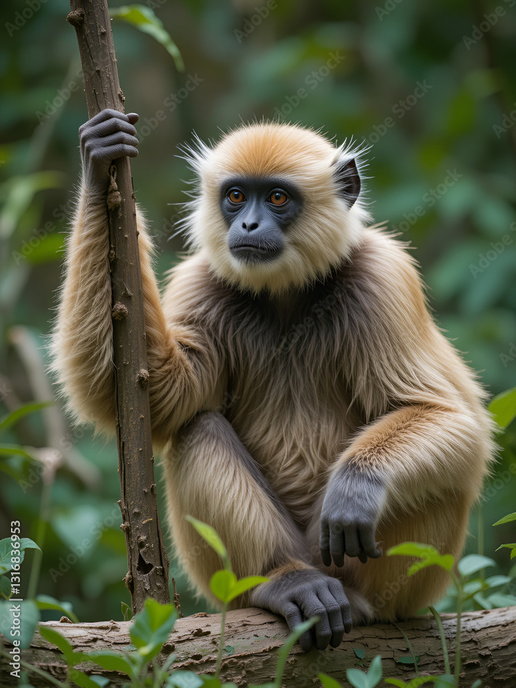 Obraz premium wildlife photography, authentic photo of a gibbon in natural habitat, taken with telephoto lenses, for relaxing animal wallpaper and more