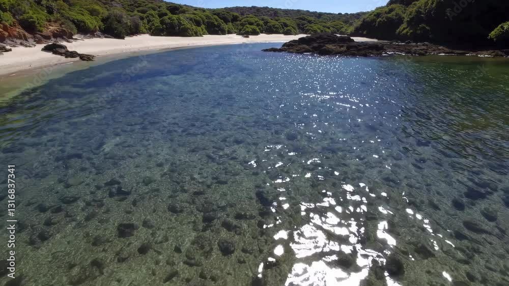Sunlight reflects on shallow, crystal-clear water near a secluded beach, creating a mesmerizing spectacle of light and color Sunlight reflects on shallow, crystal-clear water near a secluded beach, creating a mesmerizing spectacle of light and color
