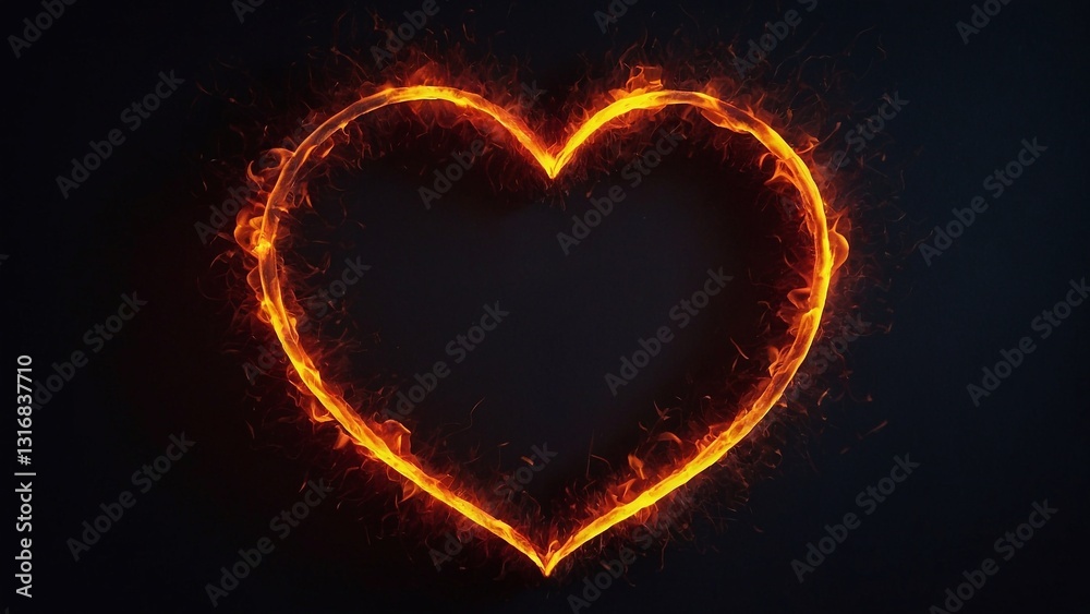Heart shaped fire with ECG line in it. Glowing yellow and red on dark background, copy space. Symbol of heartbeat, health, medical monitoring, training and fitness Heart shaped fire with ECG line in it. Glowing yellow and red on dark background, copy space. Symbol of heartbeat, health, medical monitoring, training and fitness
