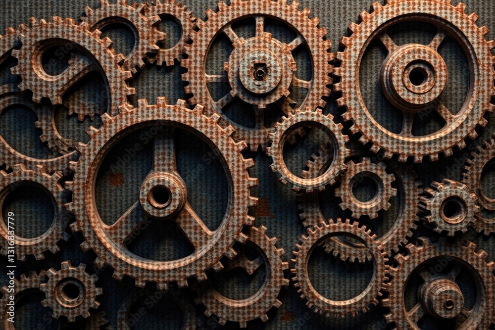 Intricate Network of Rusty Gears Interlocking on a Textured Surface Intricate Network of Rusty Gears Interlocking on a Textured Surface