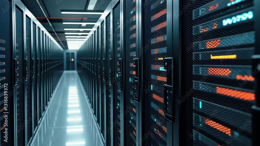 Long corridor with server racks and glowing indicators in modern data processing center