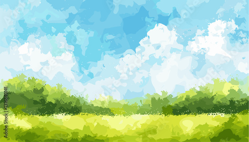 Summer watercolor vector landscape with blue sky, white clouds, green field, modern hand-drawn art, interior, cover, banner, poster, nature scene, flyer, outdoor scenery.