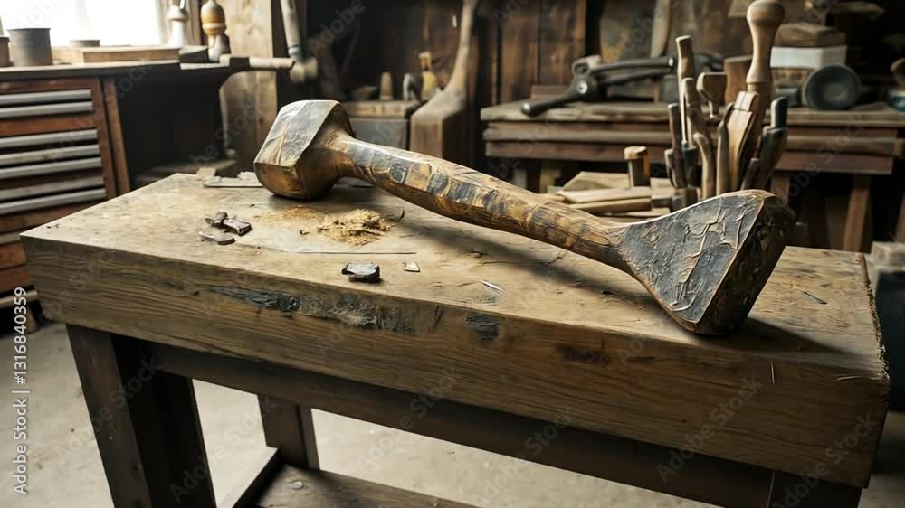 A vintage wooden mallet rests on a weathered workbench in a craftsman's workshop