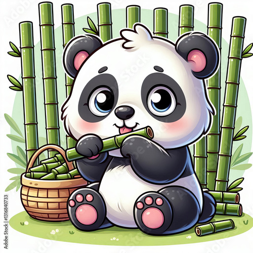 Adorable Cartoon Panda Eating Bamboo in a Lush Green Forest