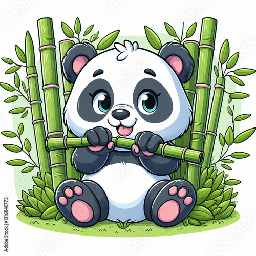 Adorable Cartoon Panda Eating Bamboo in a Lush Green Forest