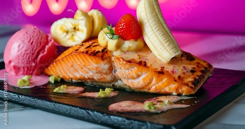 Grilled Salmon with Ice Cream and Fruit Dessert photo