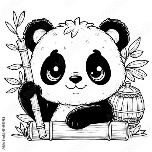 Adorable Panda Bear Holding a Bamboo Stick with Cute Expression