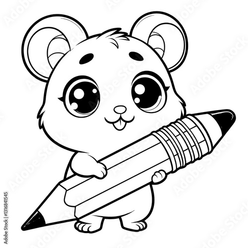 Cute Cartoon Animal Holding a Pencil Illustration Art for Coloring