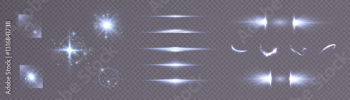 Set of light effects bright glowing light isolated on transparent background. Bright flashes of glare, light refraction, stars and spotlight with rays and glare. Vector